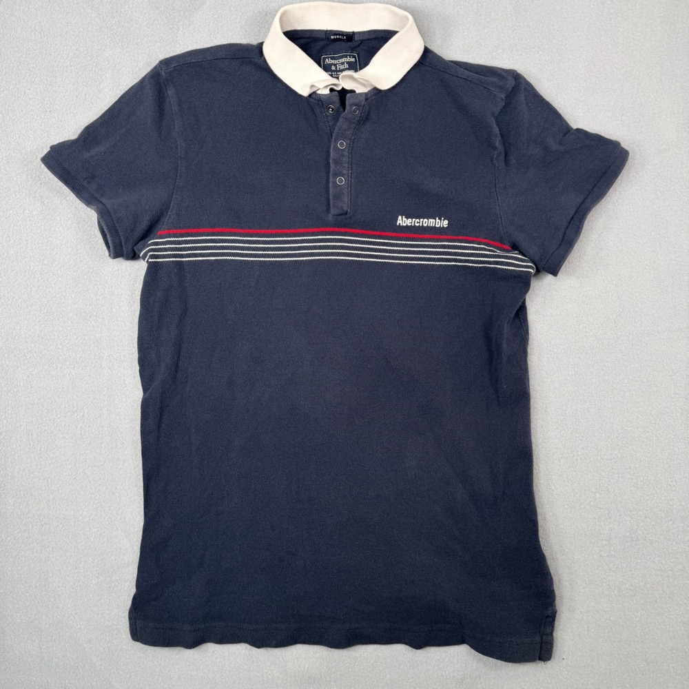 Vintage Abercrombie & Fitch Muscle Polo Shirt Mens L Navy Striped Y2K Preppy